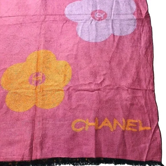 CHANEL Luxury Vintage Pink Orange Multi-Color CC Rose Print Shawl Wrap Scarf - Picture 4 of 12
